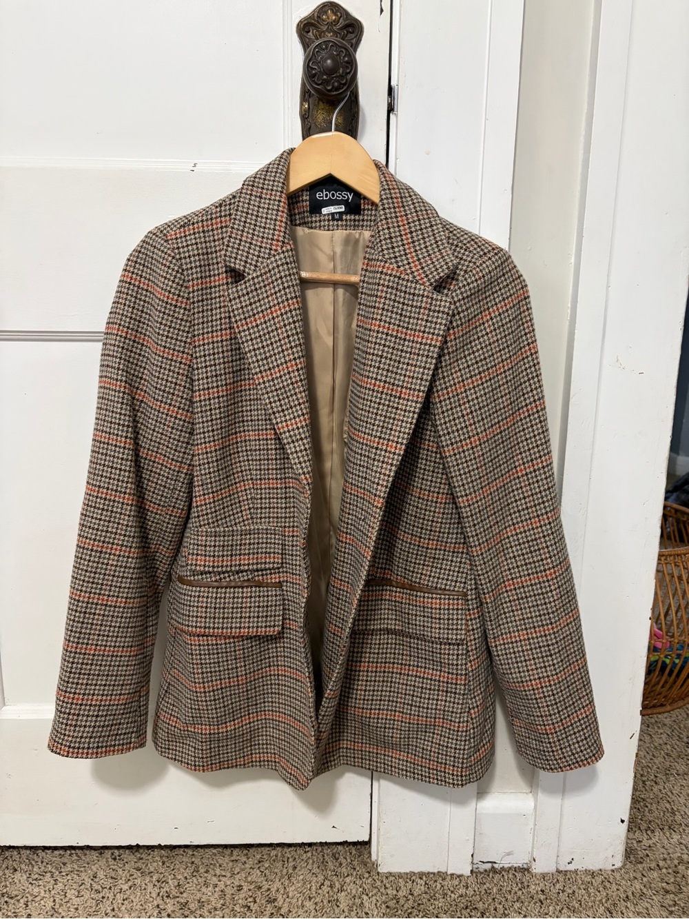 Ebossy Brown Plaid Tailored Blazer with Orange Windowpane